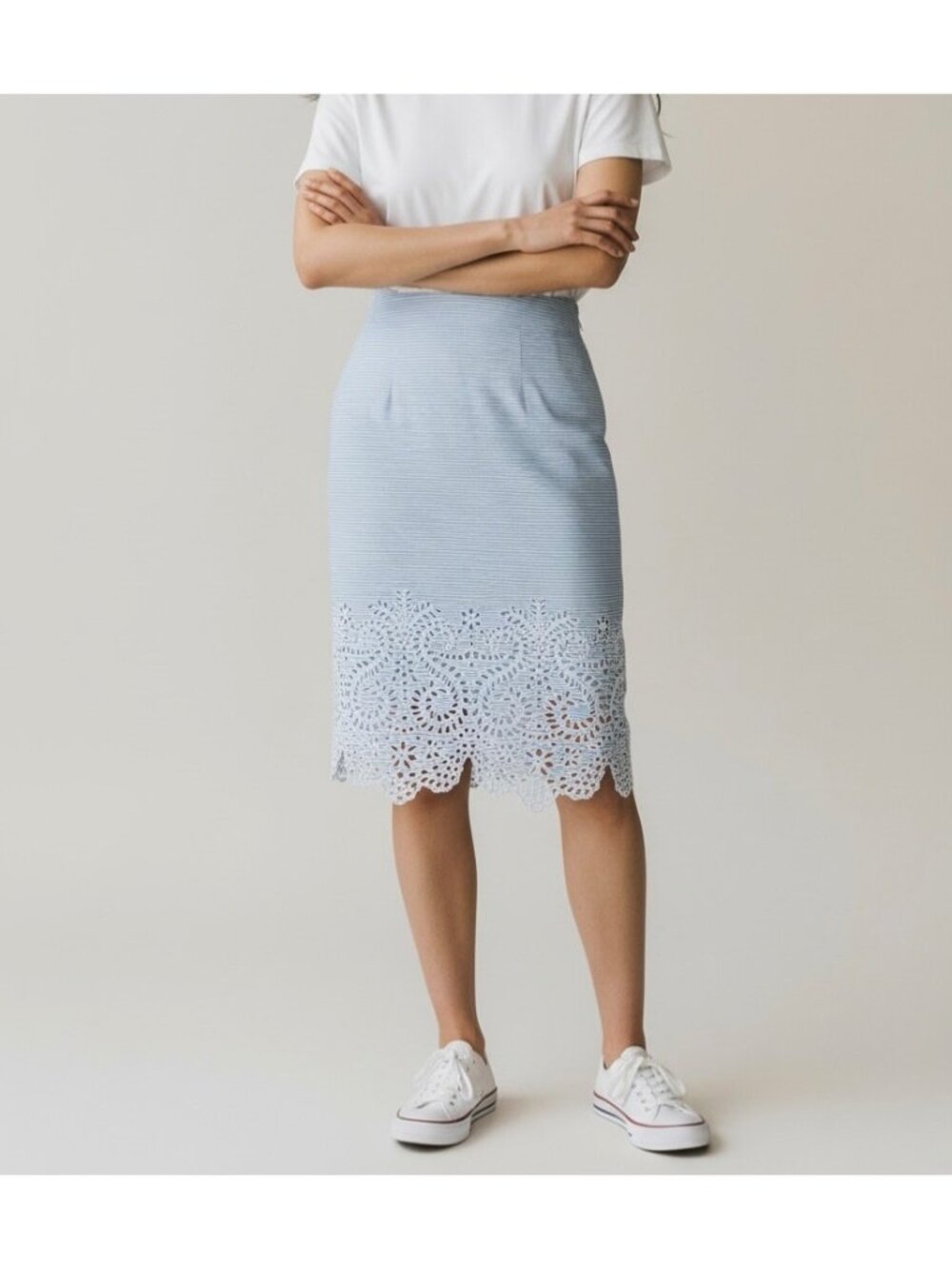 JENNI KAYNE Size 2 Blue White Striped Eyelet Lace Trim Pencil Skirt 100% Cotton 